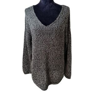 Cupcake Clothing | Black & White V-Neck Sweater with Brown Elbow Patches | Sz L